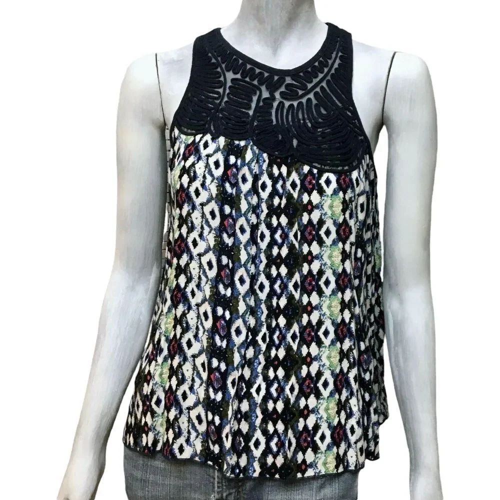 Hazel Womens Tank Top Blue White Green Print Sleeveless Lace Crew Neck Juniors S